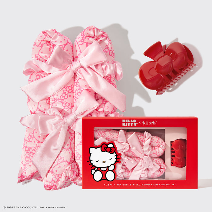 Hello Kitty x Kitsch XL – Hitzefreies Styling-Set aus Satin und Schleifenklammer, 4-teiliges Set