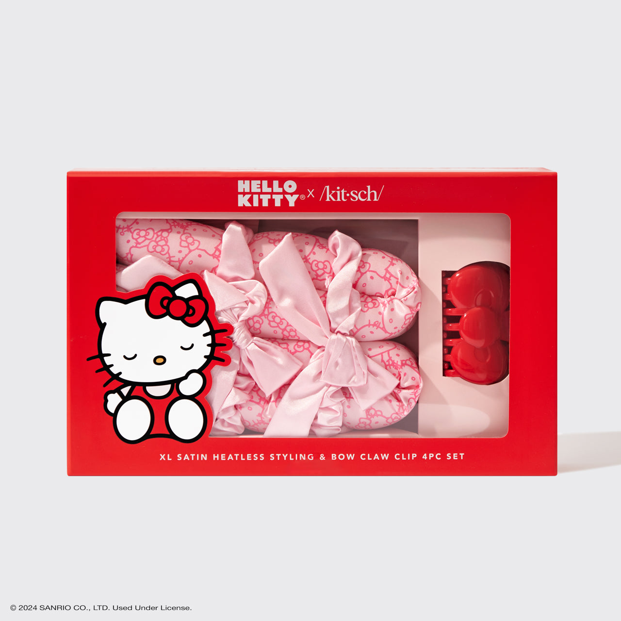 Hello Kitty x Kitsch XL – Hitzefreies Styling-Set aus Satin und Schleifenklammer, 4-teiliges Set